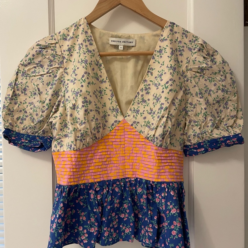 English Factory Cream Floral V-Neck Puff Sleeve Top with Pink/Yellow Waist